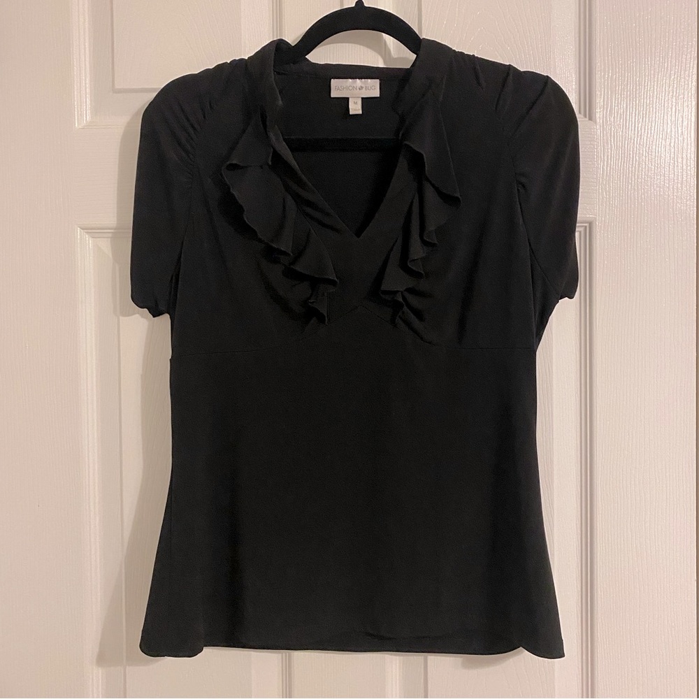 Black Ruffled Blouse. V-Neck Size M